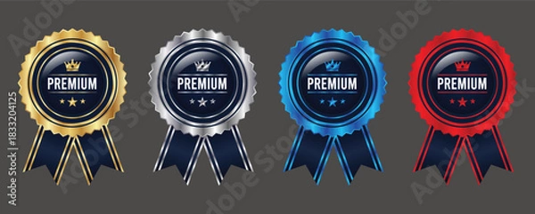 Fototapeta Premium Multicolor Award Badge Set in Gold, Silver, Blue, and Red with Glossy Crown Design and Ribbon Decoration Vector