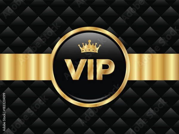 Fototapeta Luxury Black and Gold VIP Round Badge Design with Crown Symbol and Metallic Golden Ribbon Vector