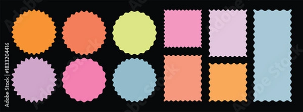 Fototapeta Set of colorful zigzag edges. Zigzag and colorful Shapes. Geometric shapes with scallop and zigzag edges set. Zig zag edge circle, square shape collection.