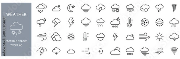 Fototapeta Weather icons. Set of 40 weather web icons in line style. Weather , clouds, sunny day, moon, snowflakes, wind, sun day.  Linear style.  Vector illustration.  