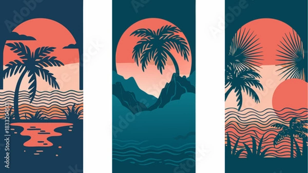 Fototapeta Stunning vector art featuring vibrant tropical beach scenes with palm trees silhouetted against a sunset, perfect for travel posters and summer vibes designs