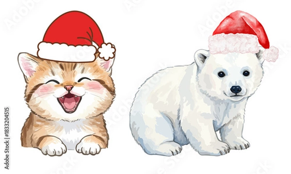 Fototapeta PNG image of Festive watercolor illustration featuring a cheerful kitten and a polar bear both wearing santa hats for holiday greetings and seasonal designs on transparent background