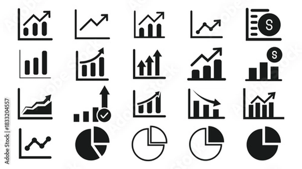 Fototapeta Growth bar chart, Growing graph icon set. Arrow growing pointing up on chart graph bars icon, success graph trending upwards flat design. Down or up arrow and pie chart.