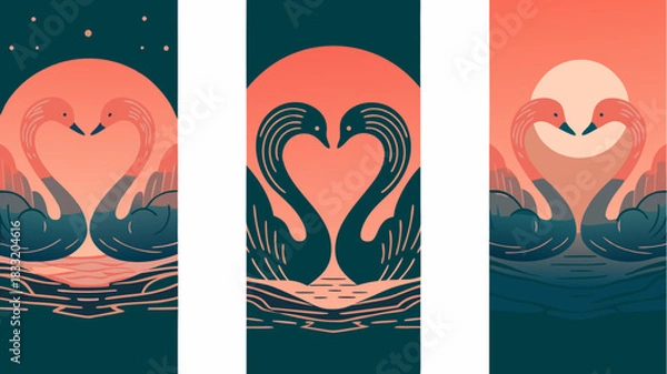 Fototapeta Elegant swans forming a heart shape against celestial backgrounds, symbolizing love and devotion, perfect for Valentine's Day, weddings, or romantic designs