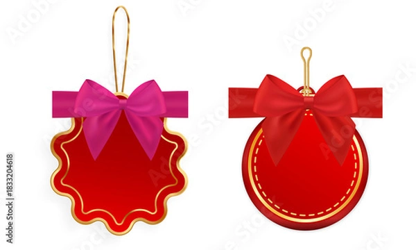 Fototapeta PNG image of  Festive red gift tags with golden accents and elegant bows for holiday season promotions and christmas sales for graphic design use on transparent background
