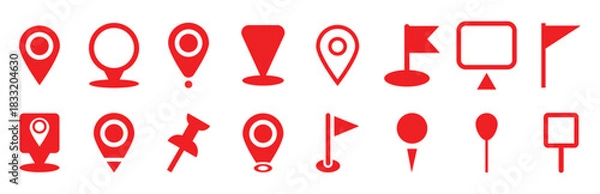 Fototapeta Set of red location pin icons. Map pointers. Modern map marker collection. GPS location symbol. Flat style vector. Vector illustration.