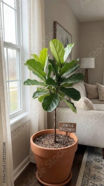 Fototapeta potted fiddle leaf fig tree with growth and development sign