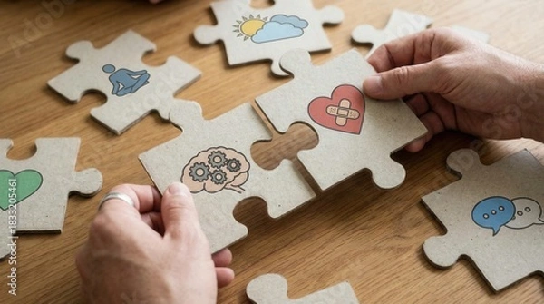 Fototapeta hands connecting mental health jigsaw puzzle pieces on table