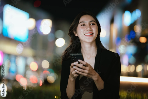 Fototapeta A smiling woman using her smartphone at night in a lively city setting, creating a warm and relaxed atmosphere with colorful blurred lights in the background.