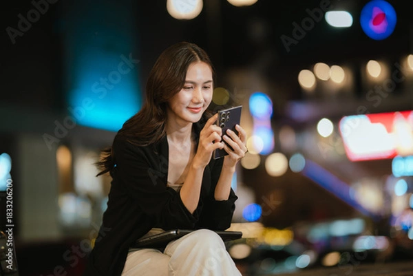 Fototapeta A smiling woman using her smartphone at night in a lively city setting, creating a warm and relaxed atmosphere with colorful blurred lights in the background.