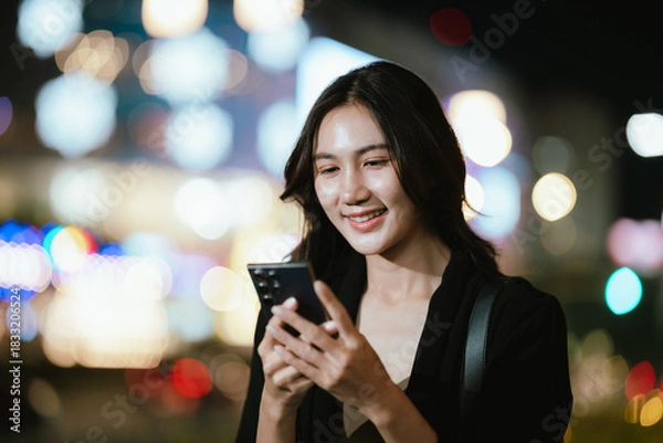 Fototapeta A smiling woman using her smartphone at night in a lively city setting, creating a warm and relaxed atmosphere with colorful blurred lights in the background.