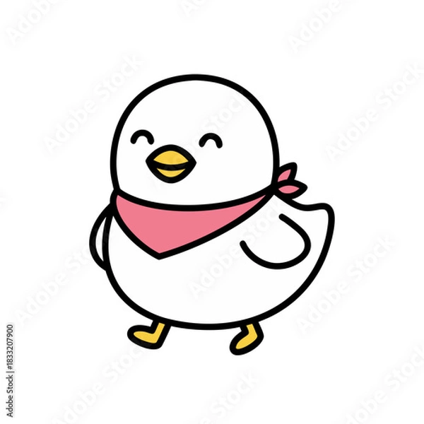 Obraz Cute cartoon chick wearing a pink bandana and yellow feet smiling happily on a black background flat vector art minimalist clean