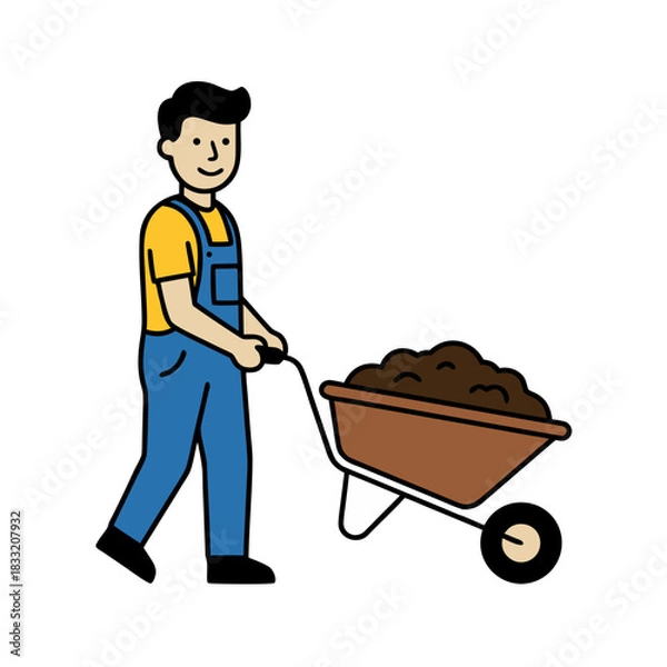 Obraz Construction Worker In Yellow Hard Hat And Blue Overalls Smiling And Waving Holding A Red Baton With A Wheelbarrow Full Of Soil On A Black Background Flat Vector Illustration