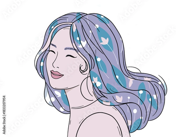 Obraz Artistic Flat Vector Portrait of a Woman with Lavender Hair Adorned with Blue Flowers and Green Leaves Against a Dark Background