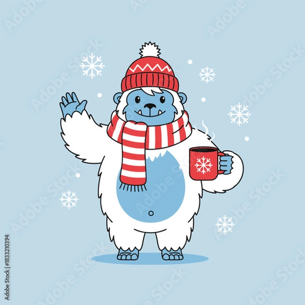 Fototapeta A cute cartoon yeti in winter clothes waving and holding a hot drink with snowflakes in the background.