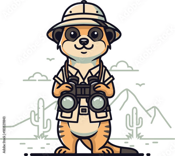 Fototapeta Cute cartoon meerkat explorer wearing a pith helmet and holding binoculars in a desert landscape.