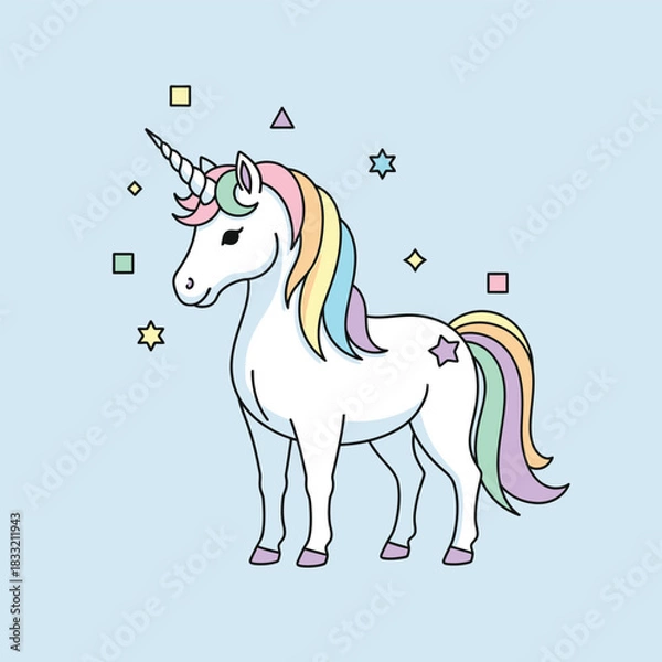 Fototapeta A charming illustration of a white unicorn with a rainbow mane and tail, surrounded by stars.