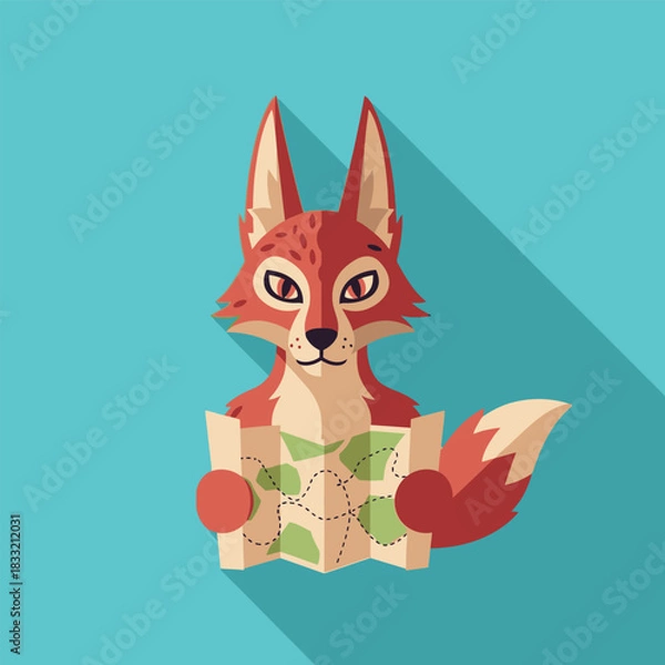 Fototapeta Cartoon fox holding a map with a long shadow on a blue background.