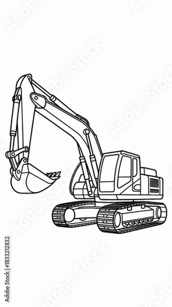 Fototapeta Kids construction coloring page featuring a detailed excavator with long arm, bucket and tracked wheels. Thin black outline with simple contours and many small mechanical details.