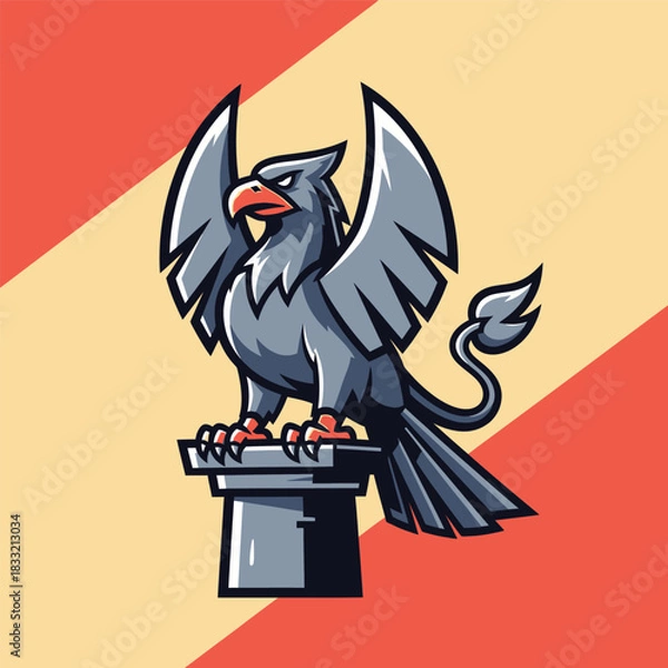 Fototapeta Illustration of a gray griffin perched on a gray pillar against a red and beige background.