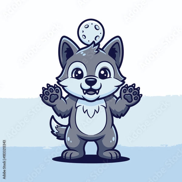 Fototapeta A cute cartoon grey wolf pup standing with a happy face and a moon on its head.
