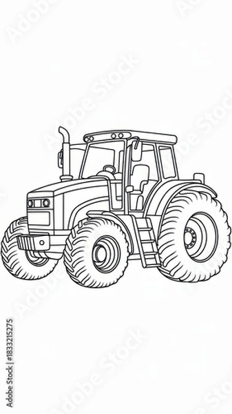 Fototapeta Children’s tractor coloring page featuring a big farm tractor with large rear wheels, cabin and front lights. Thin black line art with simple clear contours and many small technical details.