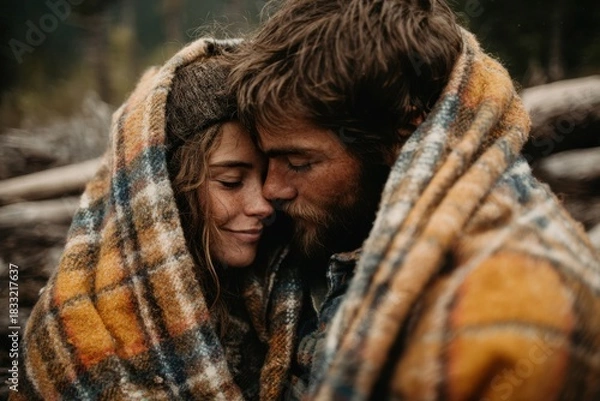 Obraz Lovers Sitting Together Covered with Warm Wool Plaid