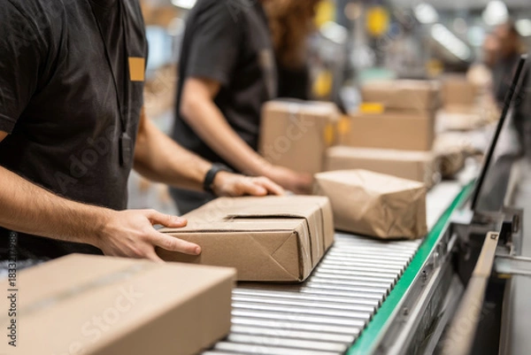 Fototapeta Conveyor belt where workers are packing packages for delivery in a distribution center. view on hands. Generative AI image