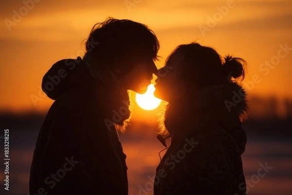 Obraz Romantic Eskimo Kiss Couple in Winter Sunset Light