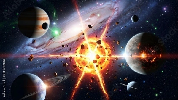 Obraz Galaxy, outer space background with planets and explosion with fi