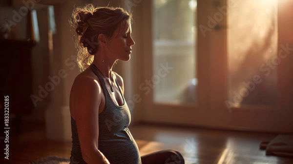 Fototapeta Pregnant woman practicing prenatal yoga in soft-lit room, tranquility and peace. Generative AI image