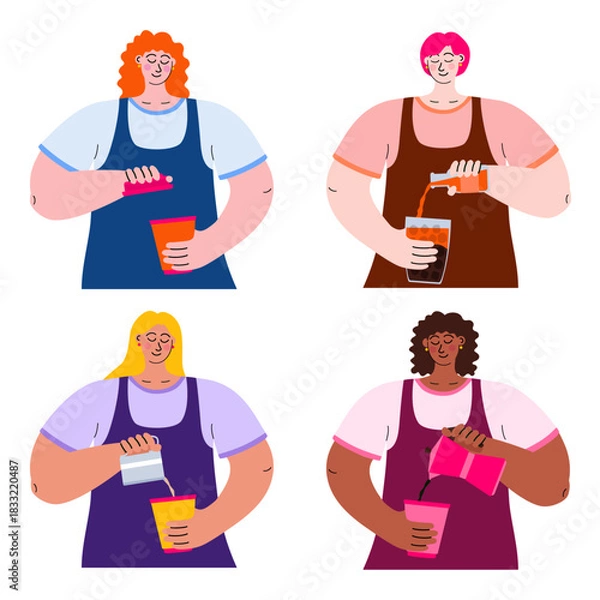 Obraz Set of women baristas make coffee at different stages of the process. Perfect for café and coffee shop menus, branding, and various digital or print designs. Hand-drawn flat vector isolated on white.
