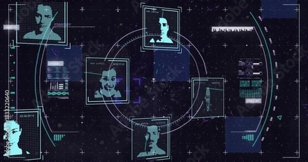 Obraz Displaying central HUD reticle projecting cyan portrait frames rings and data panels over starfield