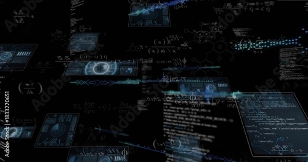 Obraz Rotating holographic panels showing code, formulas, molecules, HUD graphs and trails in cyberspace