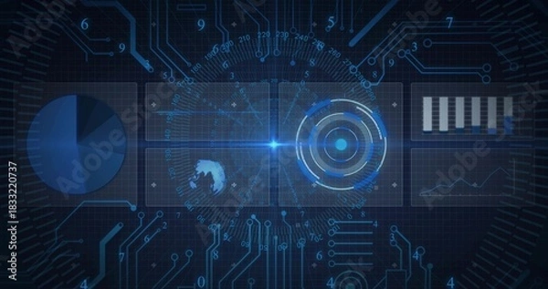 Fototapeta Displaying central dashboard showing rotating radar rings in UI, with globe pie bar and line charts