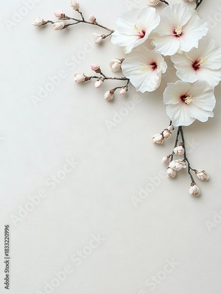 Fototapeta Close-up of white hibiscus flowers and buds on branches against a neutral background. The composition is minimalist with soft lighting.