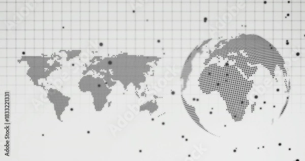 Obraz Displaying halftone Mercator map and halftone spherical globe on digital dashboard, with grid nodes