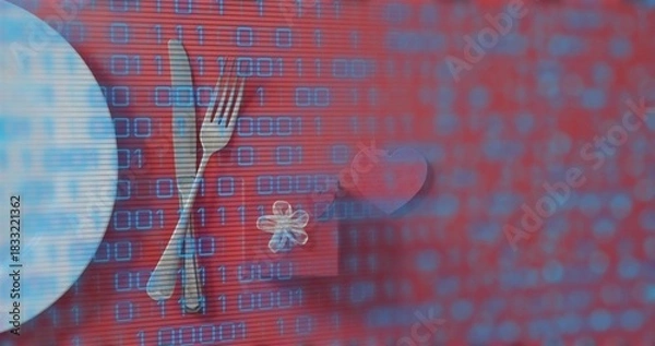 Obraz Showing table arrangement on red table with round plate, gift box, heart token and binary overlay