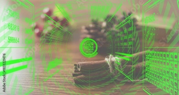 Obraz Displaying bundle of cinnamon sticks tied with twine on wood tabletop, showing neon AR overlays