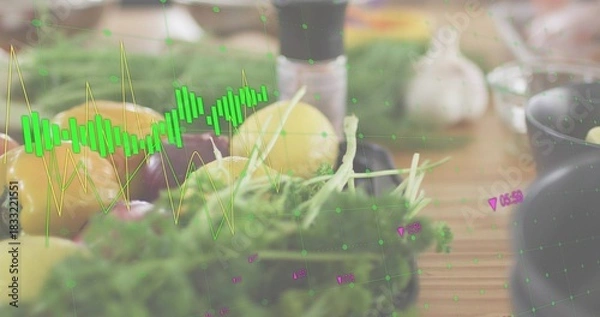 Fototapeta Displaying cluster of yellow peppers, purple onion, garlic and herbs on wood board, AR overlay