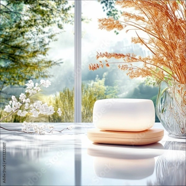 Fototapeta A white object rests on a wooden tray, alongside a vase of dried plants and a sprig of white flowers, with a bright window and a sunny outdoor scene in the back