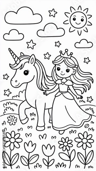 Fototapeta Children’s coloring page featuring a cute princess walking with a unicorn in a fantasy meadow with flowers and stars. Thin black line art with simple clear contours and many decorative details.