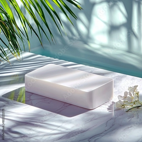 Fototapeta A white rectangular product display sits on a marble surface, with shadows of palm leaves and bright sunlight creating a serene atmosphere.