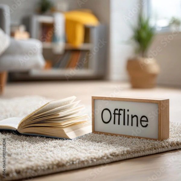 Fototapeta Cozy reading nook with paper book and wooden sign showing Offline mode.