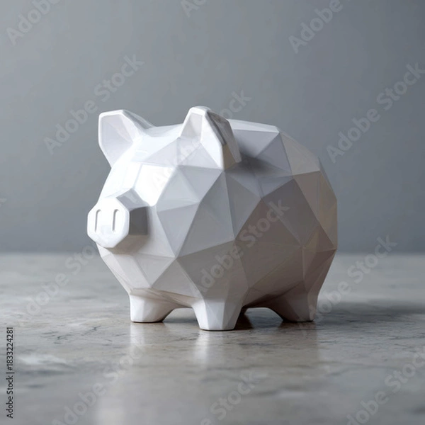Fototapeta Modern white geometric piggy bank standing on table representing savings and financial discipline.