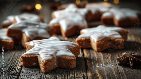 Fototapeta Zimtsterne auf rustikalem Holzhintergrund