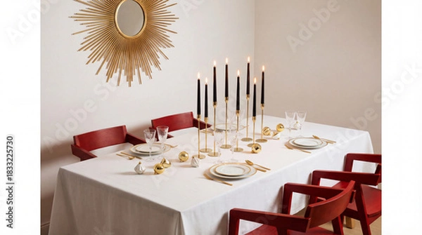 Fototapeta Festive dining table decorated with red chairs, gold accents, candles, and Christmas ornaments in a cozy holiday interior
