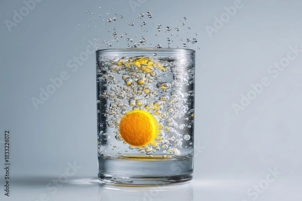 Obraz Orange pill dissolving in water, splashing