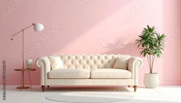 Obraz Cream Tufted Sofa with Gold Lamp and Green Plant Against Soft Pink Wall in Elegant Living Room Setup