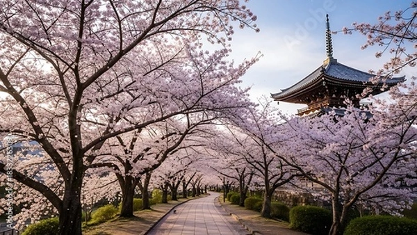 Fototapeta Cherry Blossom Tunnel and Japanese Pagoda in Springtime Serene Landscape.